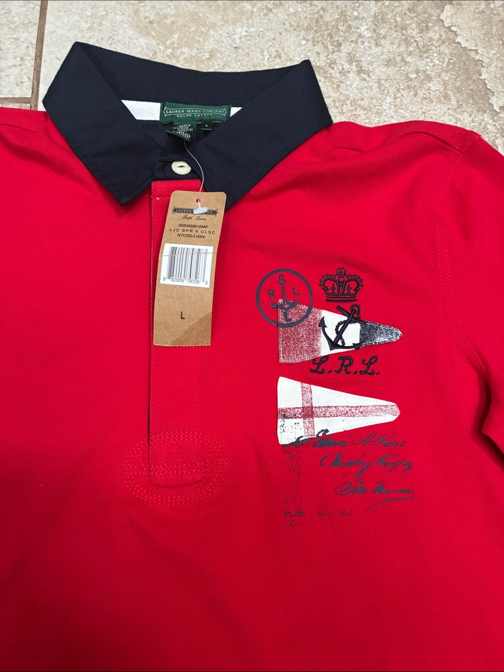 Lauren Ralph Lauren Red Polo Button-Down with Black Collar and Crest - Picture 3 of 7